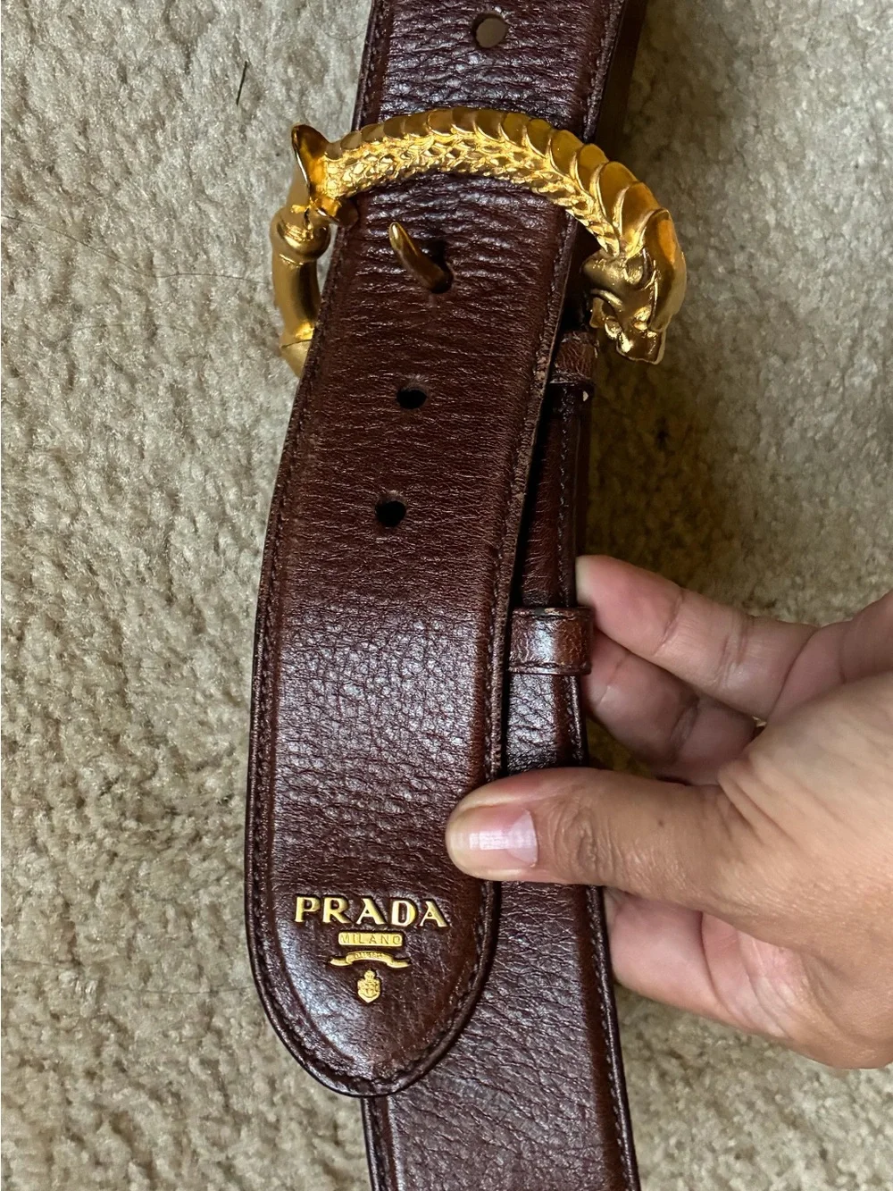 Authentic Prada Brown Leather Belt with Dragon Snake Gold Serpent Buckle - Picture 11 of 15